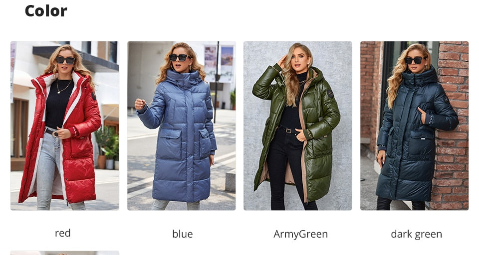 Women's down jacket by The Clothing Company Sydney featuring a long slim design, stand collar, hood, and large pockets.