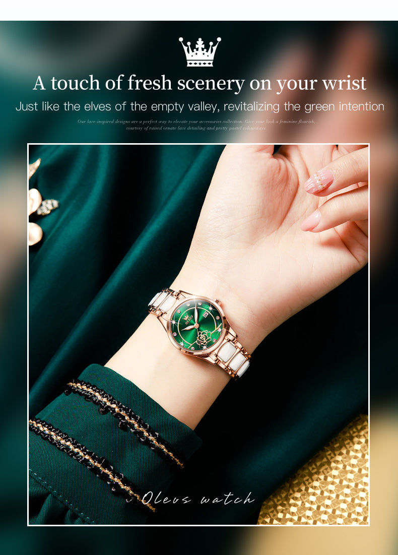 Gold-tone ladies watch with ceramic strap, Japan quartz movement, water resistance up to 30M, elegant design from Clothing Company Sydney