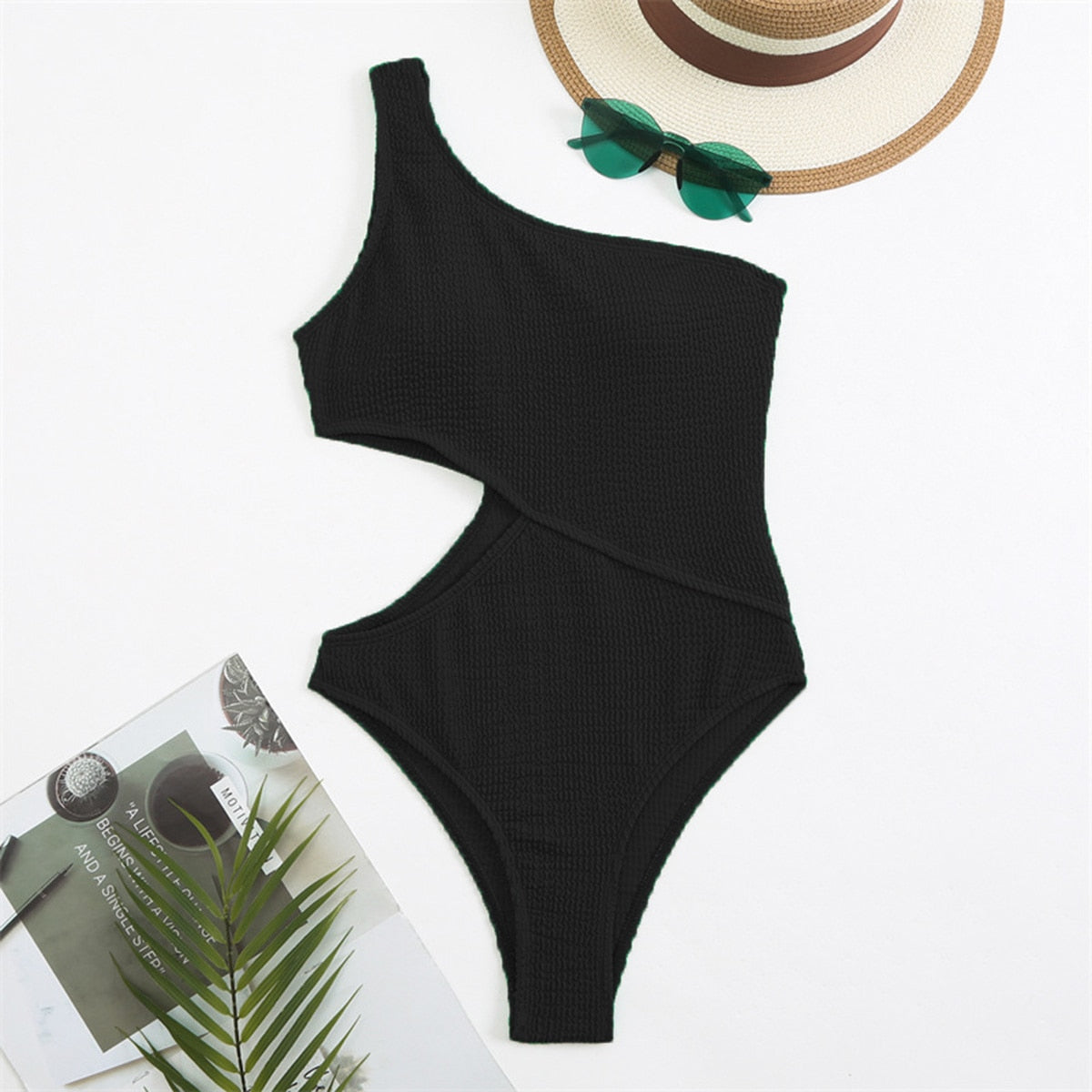 One shoulder solid ribbed one-piece swimsuit by The Clothing Company Sydney, stylish swimwear for beach and swimming.