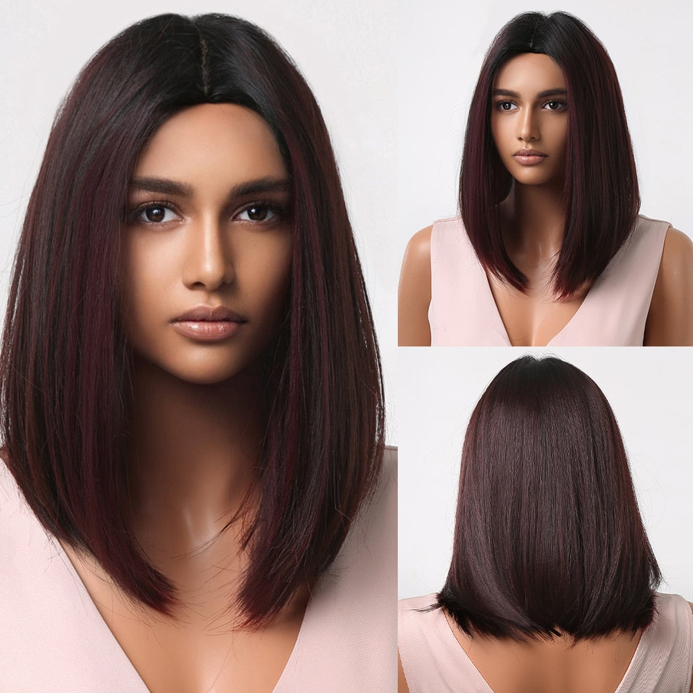 Blonde to brown ombre straight synthetic bob wig with bangs for women, heat-resistant cosplay and party accessory.