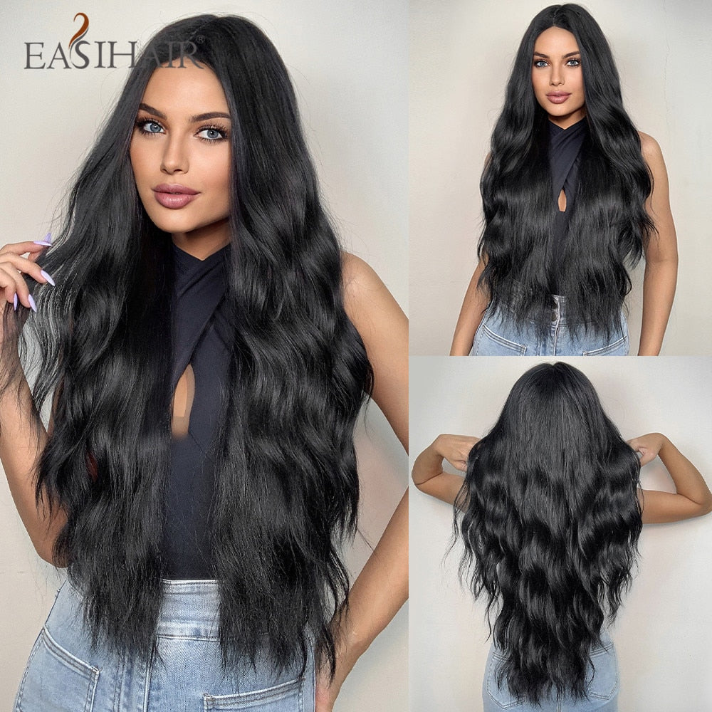 Long wavy synthetic wig with brown and blonde tones, featuring bangs, designed for women’s daily wear and cosplay, heat resistant.