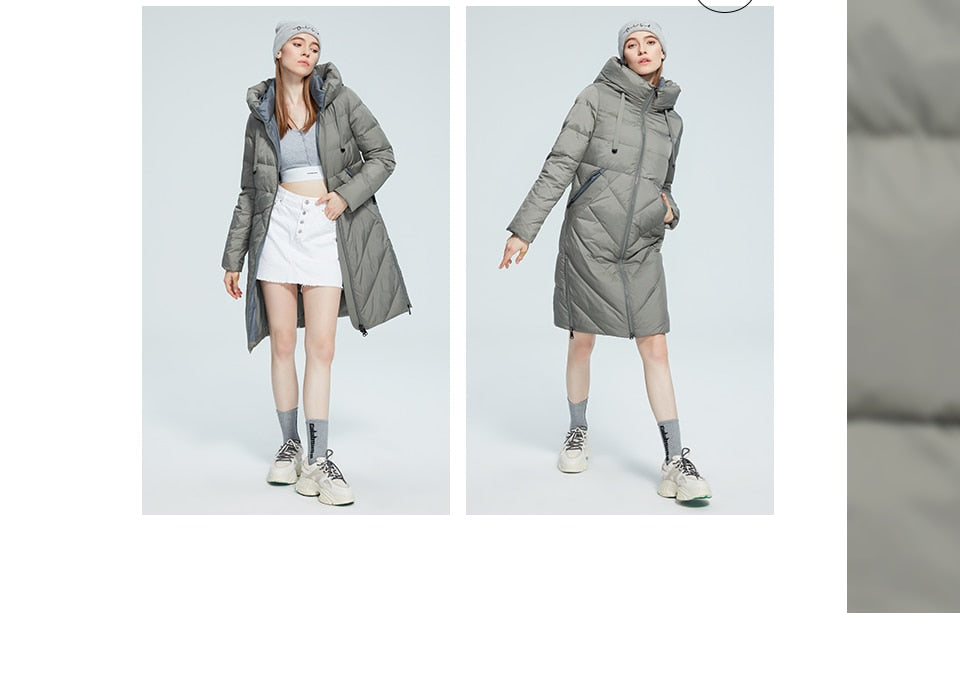 Women’s long cotton winter jacket with stand collar, hood, zipper, and pockets, windproof and warm, by The Clothing Company Sydney.