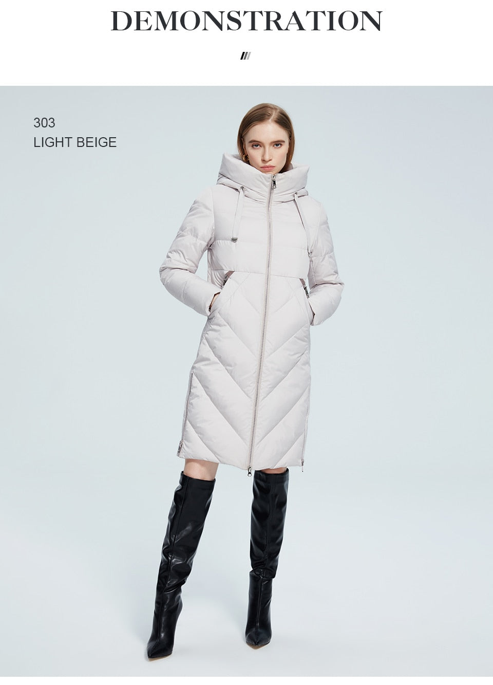 Winter women's long cotton jacket with stand collar, hood, zipper front, pockets, and windproof design by The Clothing Company Sydney.