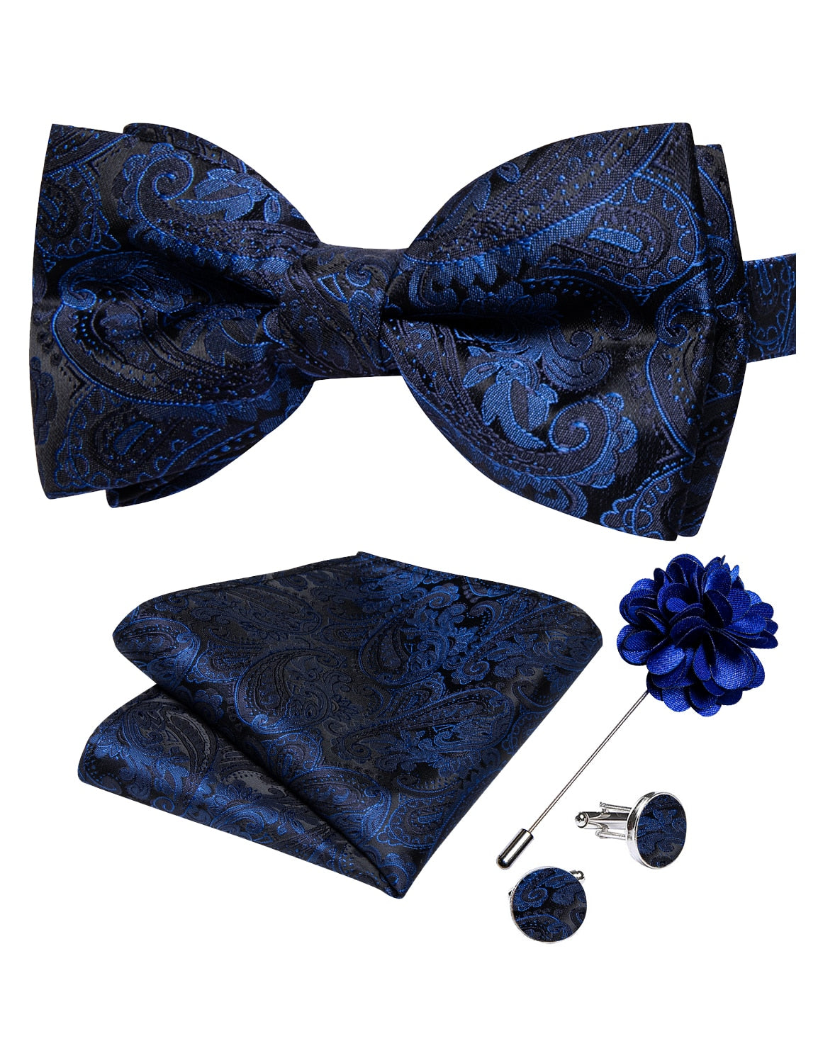 Red pre-tied wedding bow tie with matching cufflinks and corsage set, silk butterfly knot for men's formal accessories.
