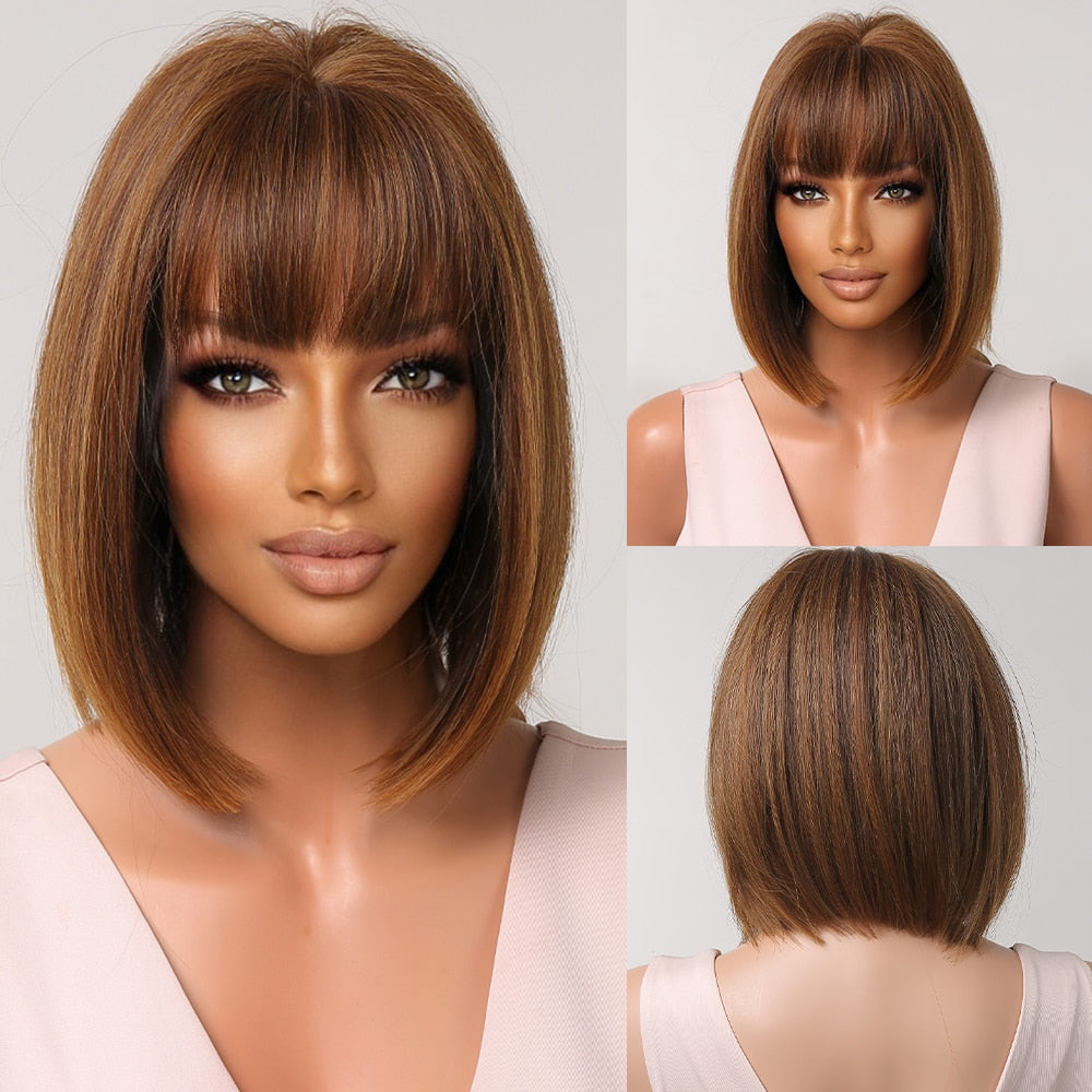 Blonde to brown ombre synthetic bob wig with bangs for women, heat-resistant, ideal for daily wear, cosplay, and parties.