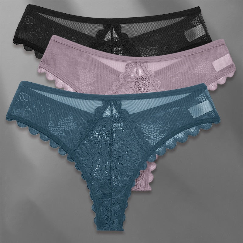 Three pack of lace G-string panties from The Clothing Company Sydney, soft lace lingerie thongs for women.
