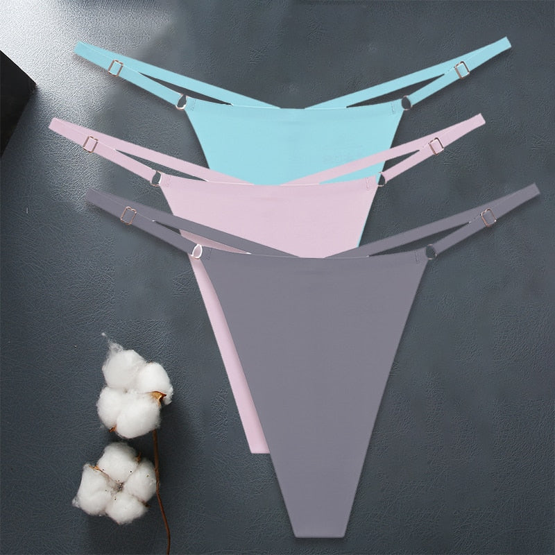 Three seamless women’s G-string underwear sets with adjustable straps, ice silk material, and cross waist design from The Clothing Company Sydney.