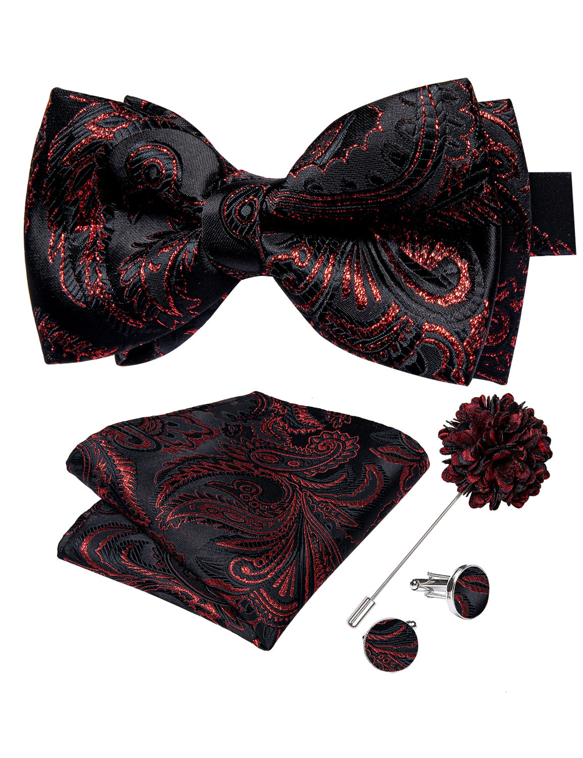 Classic red pre-tied wedding bow tie set with cufflinks and corsage, silk butterfly knot accessories for men, elegant party attire