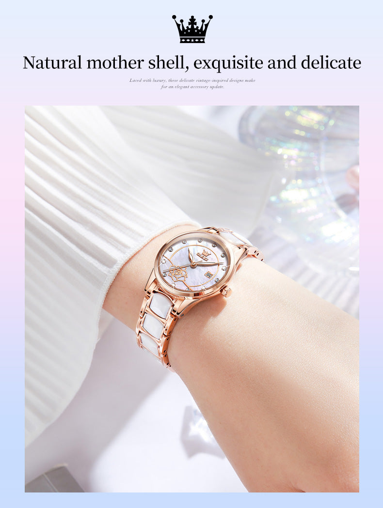 Luxury OLEVS ladies watch with ceramic band, Japan quartz movement, 30M water resistance, stylish design.