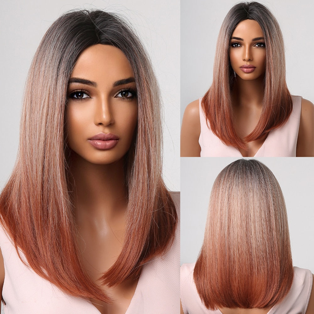 Blonde to brown ombre straight synthetic wig with bangs for women, featuring a bob style, heat resistant, suitable for daily cosplay and parties.