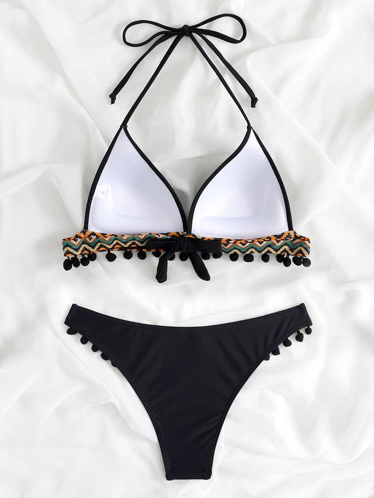 Black and leopard print 2-piece swimsuit with tassels and push-up design, featuring Brazilian-style bikini set from The Clothing Company Sydney