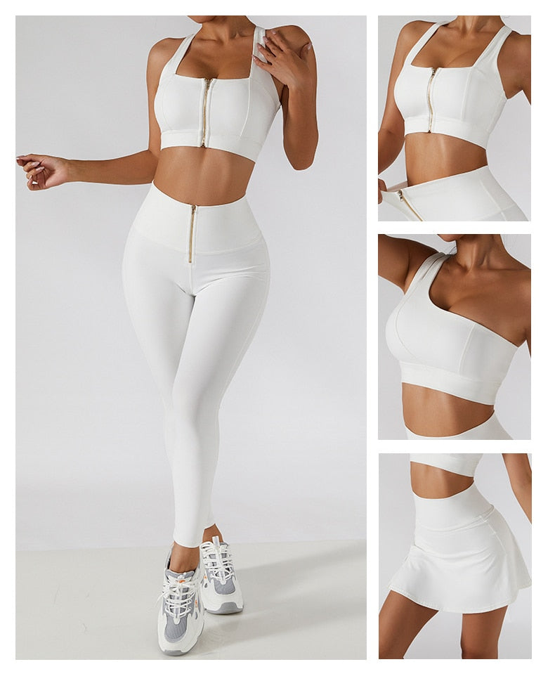 Women's yoga set with high waist leggings, skirt, and sports bra from The Clothing Company Sydney, perfect for gym workouts.