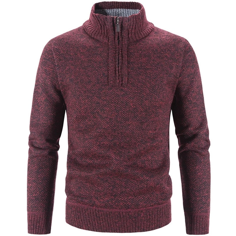 Men's winter fleece sweater from The Clothing Company Sydney featuring a half zipper, turtleneck, slim fit, warm knitted pullover.