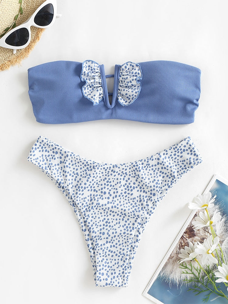 V-wired ruffle ribbed high cut bikini swimsuit with strapless lace-up design, removable padding, by The Clothing Company Sydney.