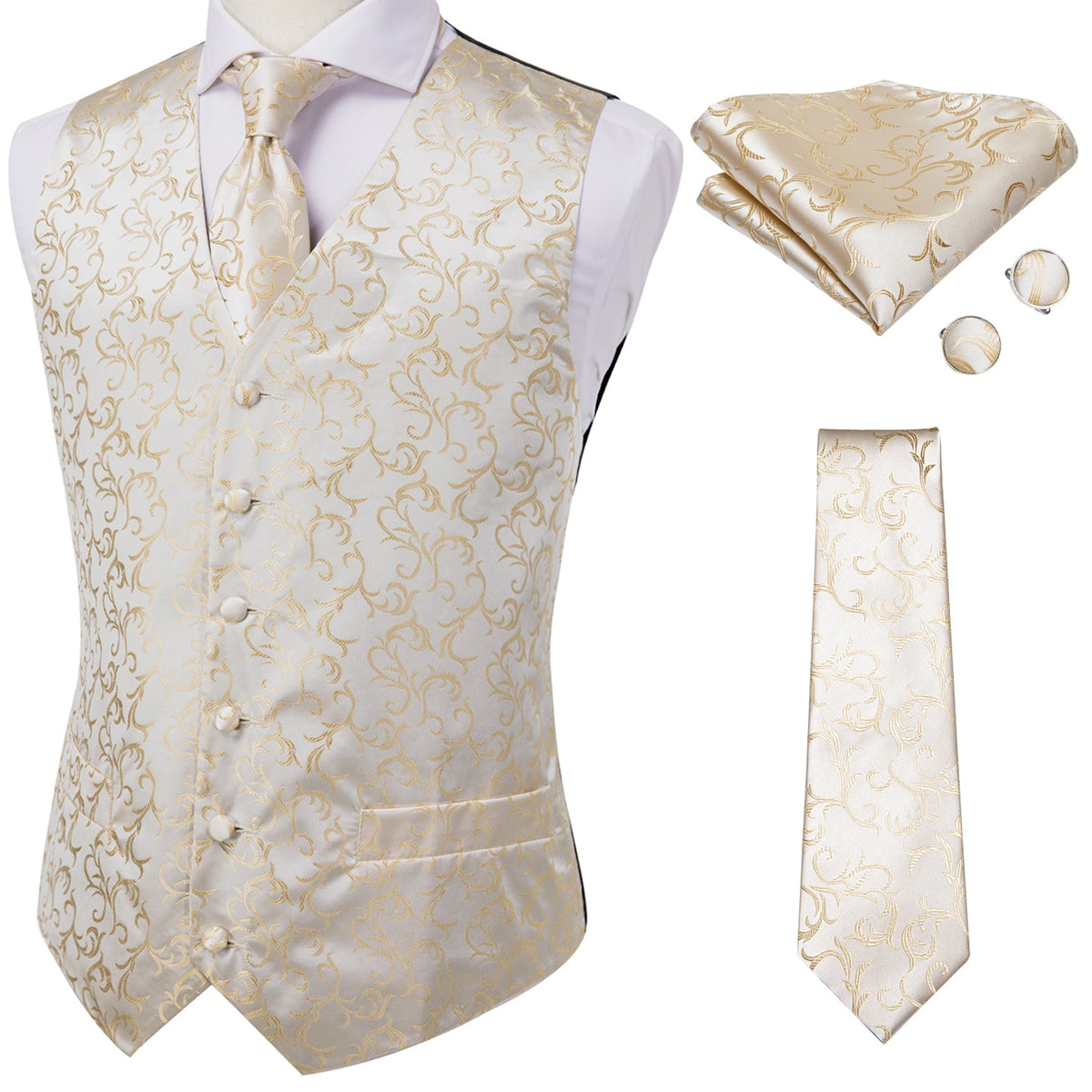 Men's luxury silk vest and tie set featuring paisley, floral, plaid patterns in blue, gold, red, and silver for wedding attire.