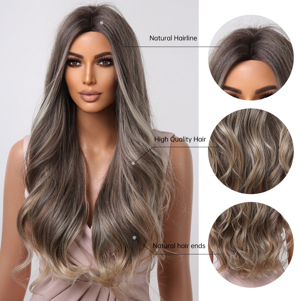 Ombre brown gray ash synthetic long wavy wig with middle part, mixed blonde highlights, heat-resistant for women’s daily cosplay.