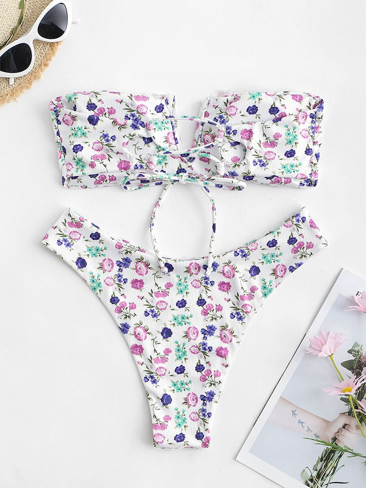 V-wired ruffle ribbed high cut bikini swimsuit with strapless lace-up design, removable padding, by The Clothing Company Sydney.