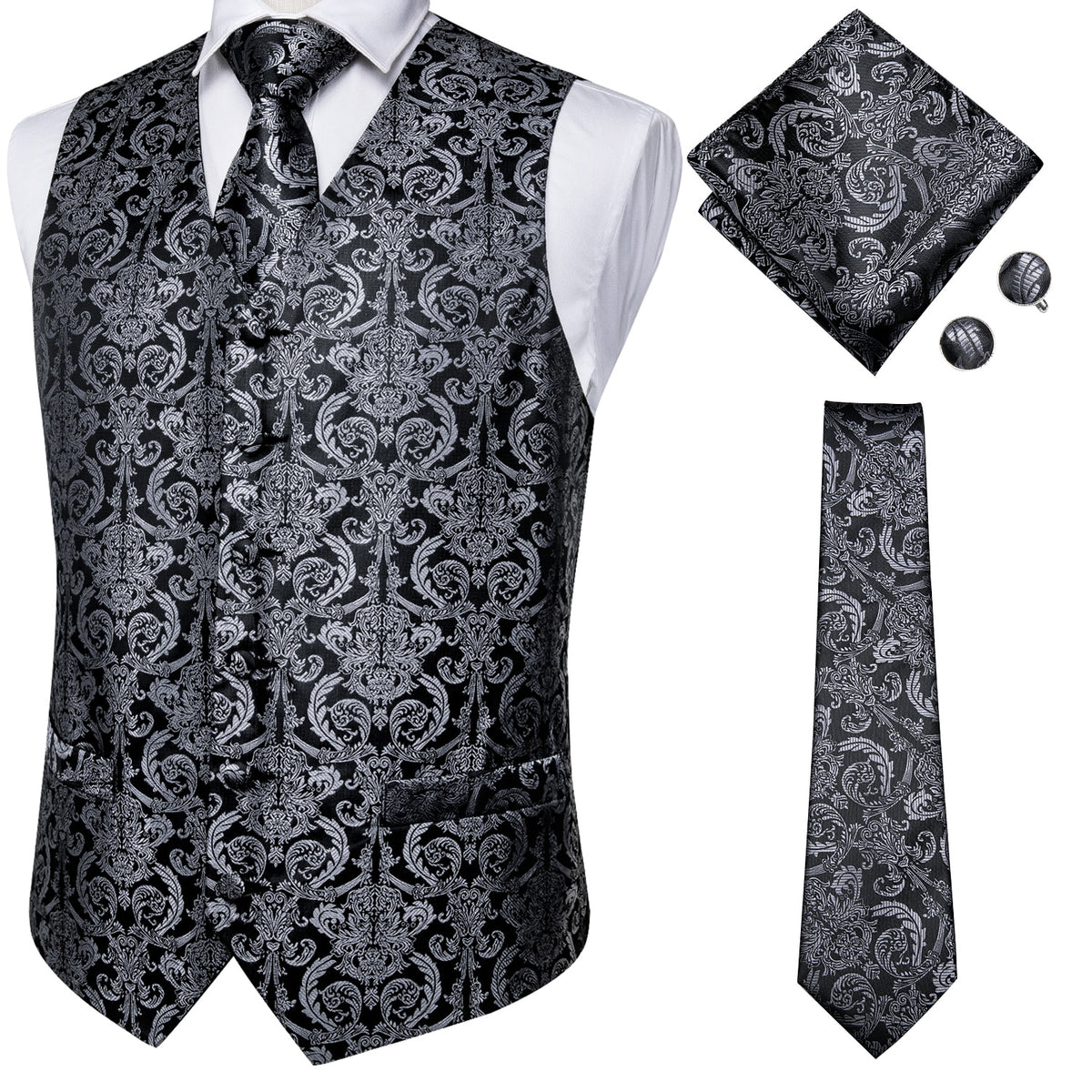 Luxury men's vest and tie set featuring paisley floral and plaid designs in blue, gold, red, and silver, suitable for wedding attire.
