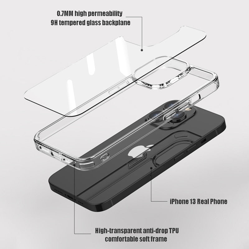 Clear tempered glass phone case for iPhone 11 12 13 14 Pro XS Max 7 8 Plus SE2, showing a sleek transparent hard case.