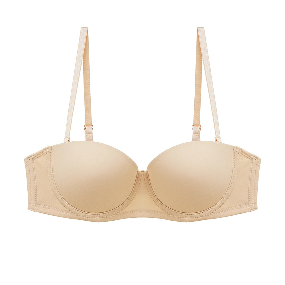 Seamless strapless bralette from The Clothing Company Sydney with 1/2 cup design, invisible under clothing, and detachable shoulder straps.