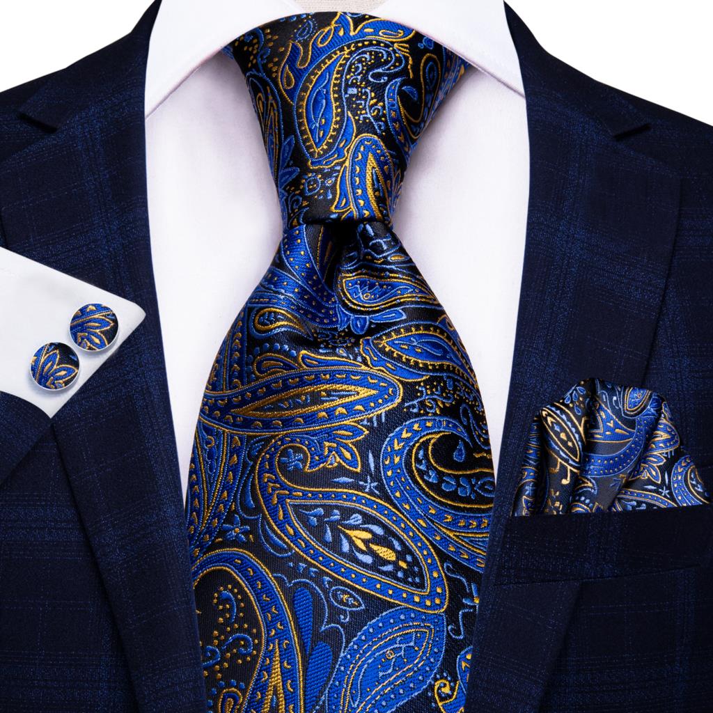 Blue silk men's business tie with dots, plaid pattern, matching cufflinks, 150cm length for wedding or business attire.