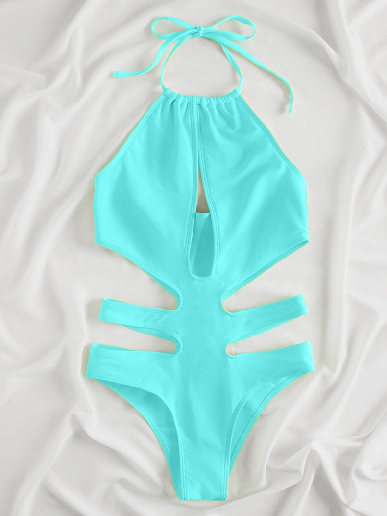 Solid tied halter high waist swimsuit for women, featuring push-up design and hollow details, ideal for summer beachwear.