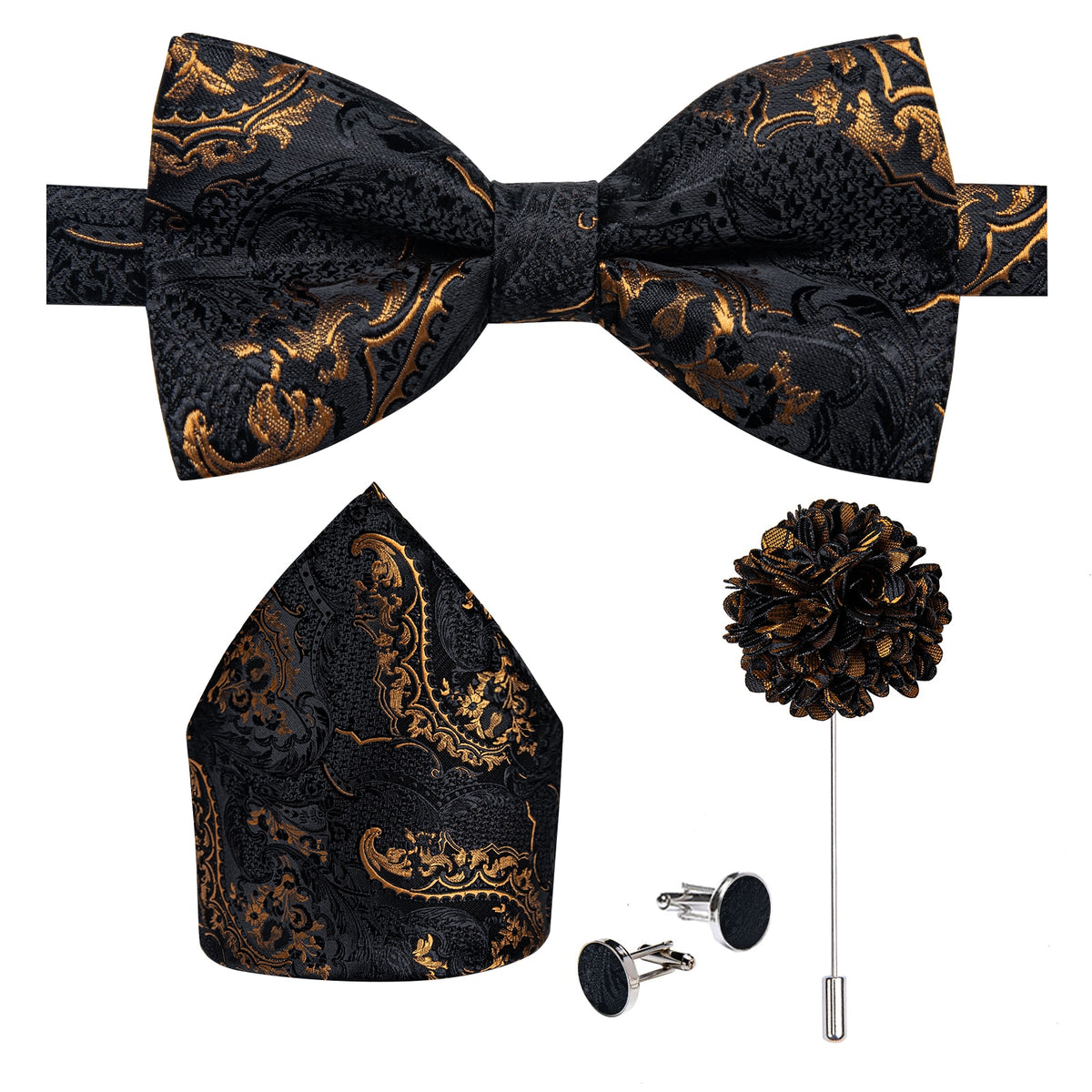 Classic red pre-tied wedding bow tie set for men with cufflinks and corsage, made of silk, perfect for formal parties and special occasions.