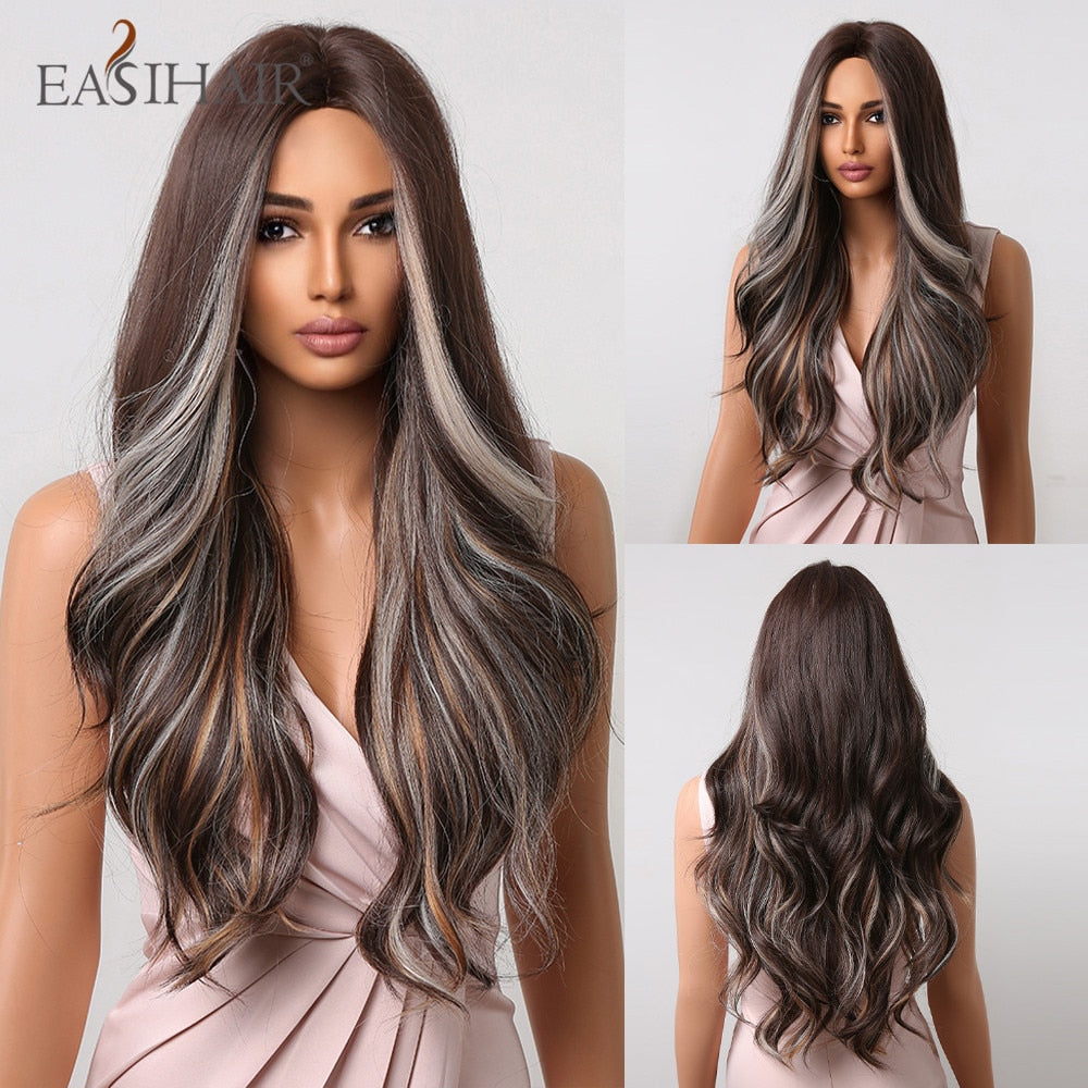 Long wavy synthetic wig with ombre brown, gray ash, and blonde shades, featuring a middle part, heat-resistant for women’s cosplay.