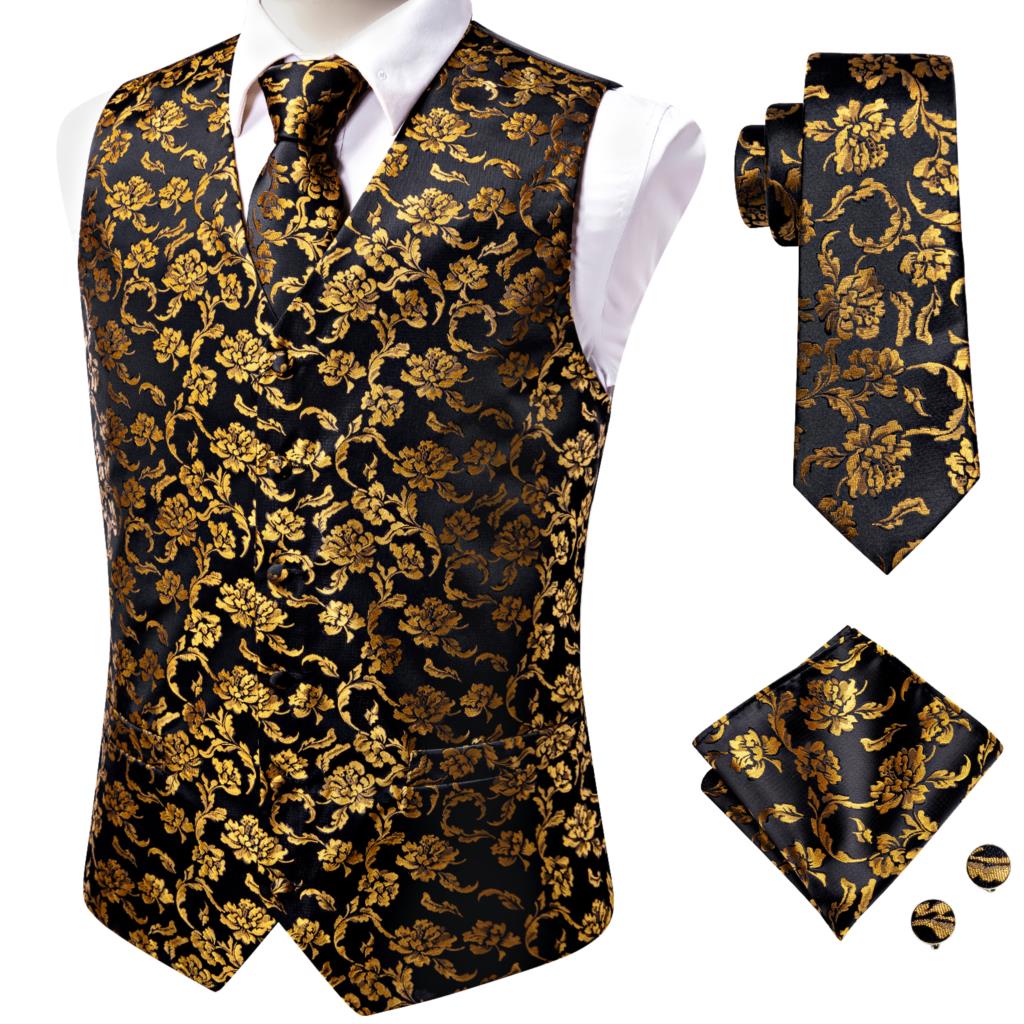 Luxury men's silk vest and tie set featuring paisley, floral, and plaid patterns in blue, gold, red, and silver for wedding attire.