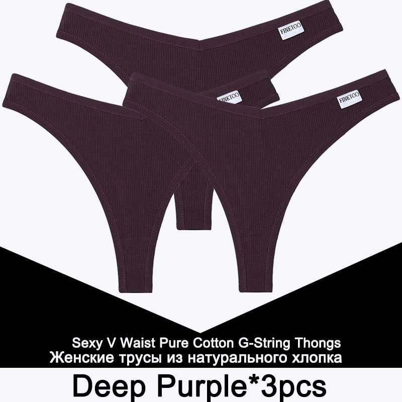 Three cotton V-waist G-string panties for women featuring T-back thong style, comfortable lingerie set in neutral colors.