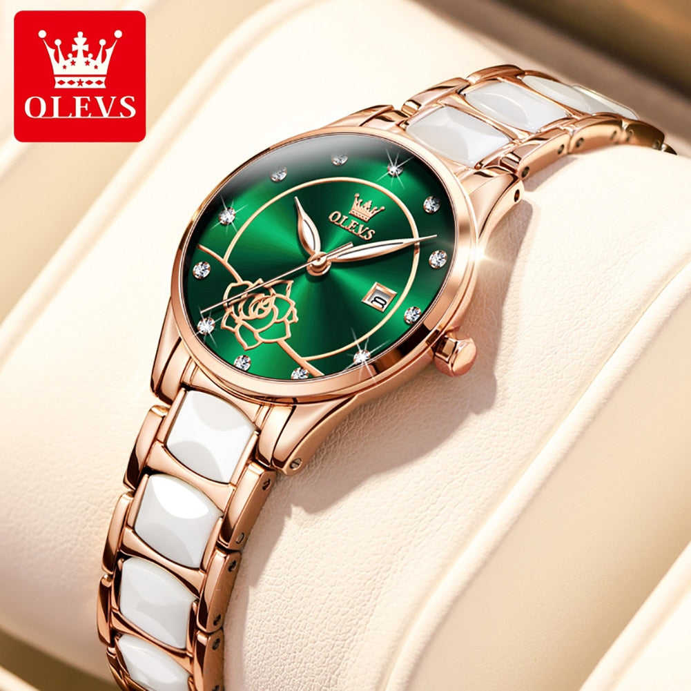Elegant ladies' ceramic watch by Clothing Company Sydney with Japanese quartz movement and 30M water resistance.