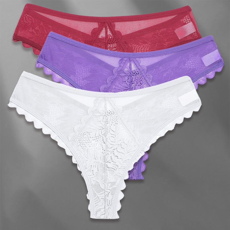 Three pack of lace G-string panties from The Clothing Company Sydney, soft lingerie thongs for femme intimate wear.