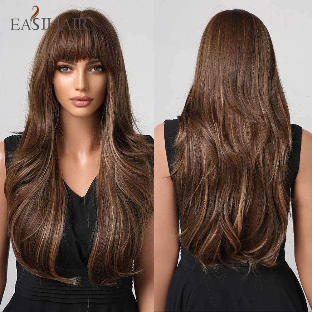 Long natural wavy synthetic wig with blended brown and blonde hair, featuring bangs, suitable for daily wear and cosplay.