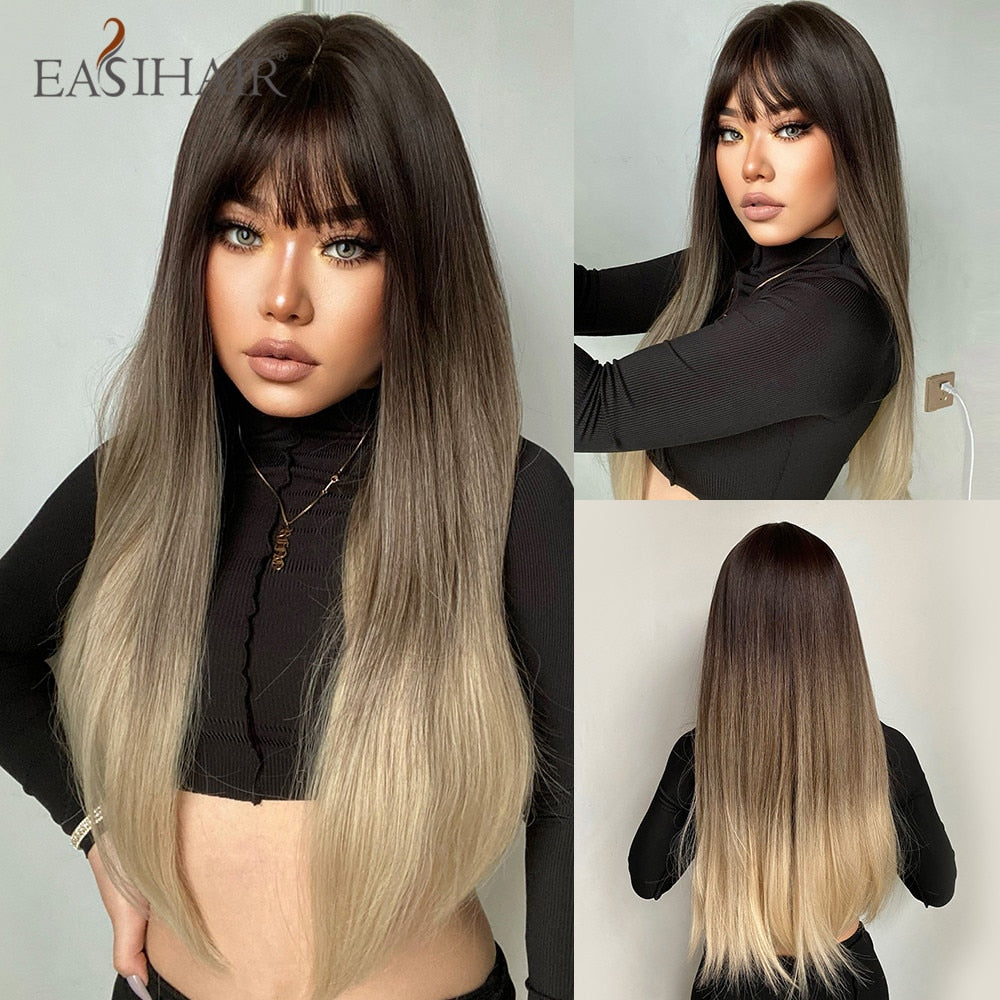 Brown straight synthetic wig with bangs, layered style, heat resistant, for women, ideal for daily wear, cosplay, or parties.