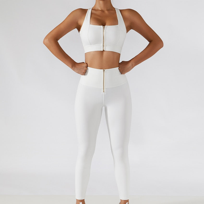 Women's yoga set with high waist leggings, skirt, and sports bra by The Clothing Company Sydney, ideal for gym workouts.