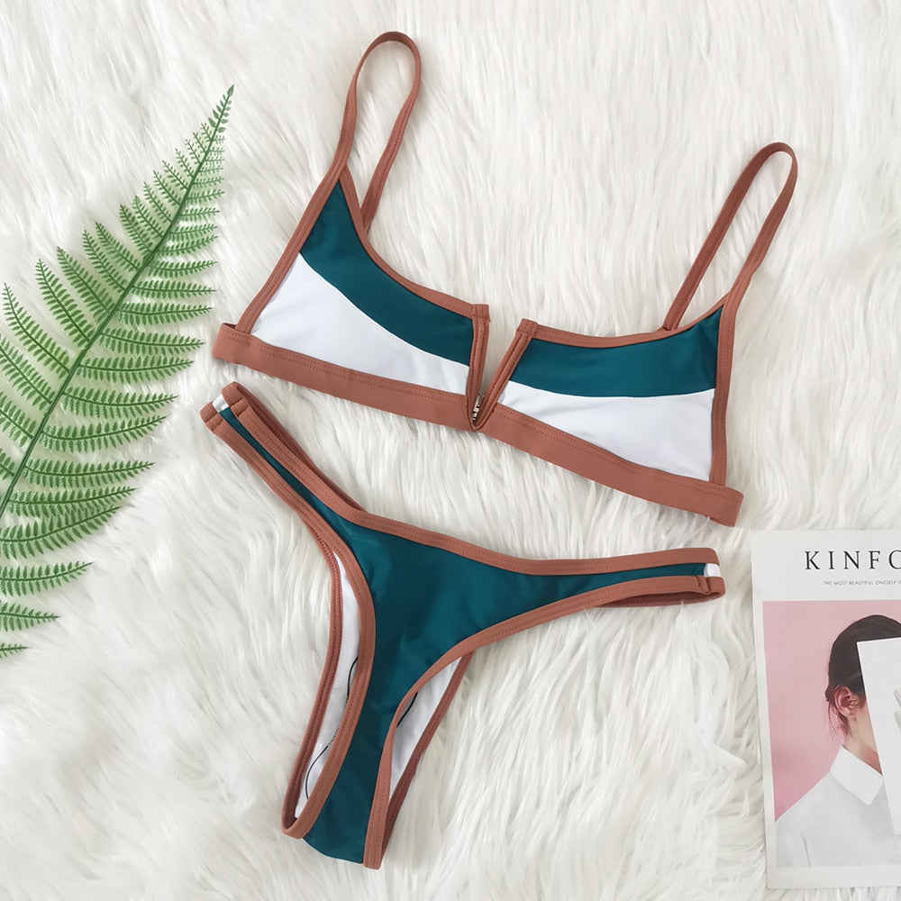 Vintage retro bikini swimsuit by The Clothing Company Sydney featuring patchwork design, micro V-bar, green Brazilian swimwear.
