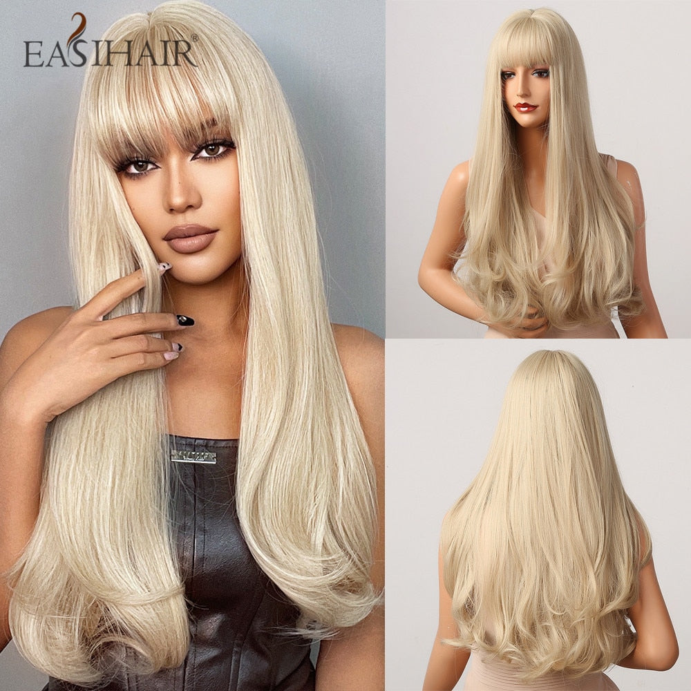 Long wavy synthetic wig in brown mixed blonde with bangs, heat-resistant, for women’s daily wear or cosplay by The Clothing Company Sydney.