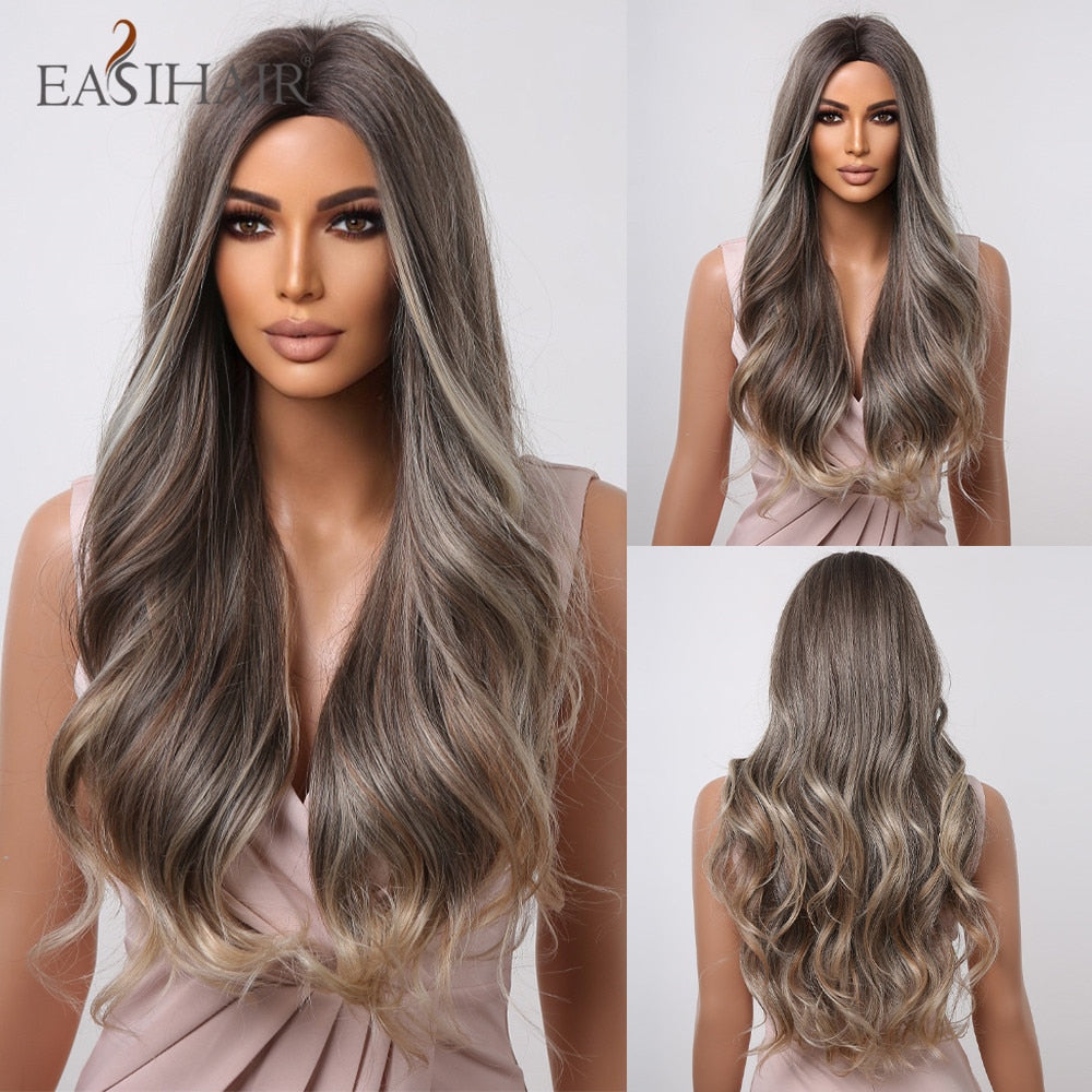 Brown mixed blonde synthetic wig with long natural wavy hair, bangs, heat resistant, ideal for daily wear and cosplay for women