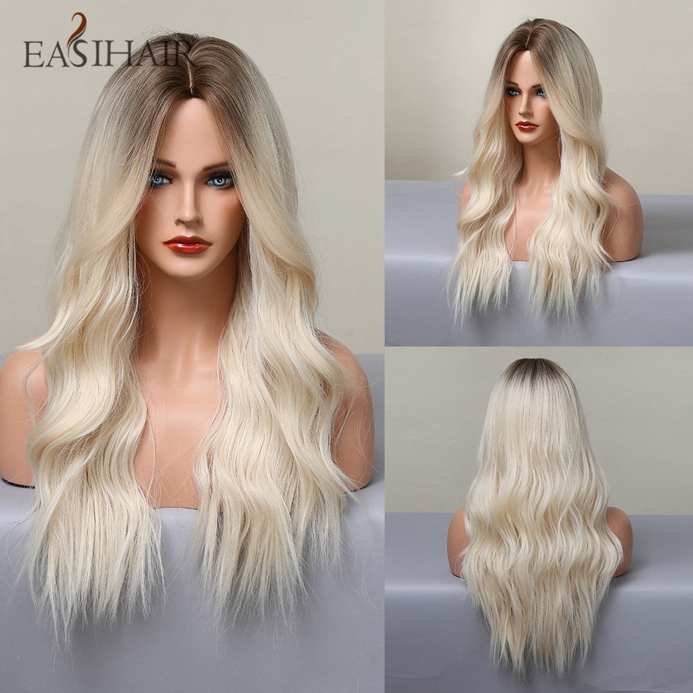 Long wavy synthetic wig with ombre brown, gray, and ash tones, middle part, suitable for cosplay and daily wear, by The Clothing Company Sydney.