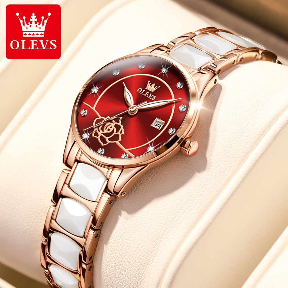 Elegant ladies' ceramic watch by Clothing Company Sydney with quartz Japan movement and 30M water resistance.