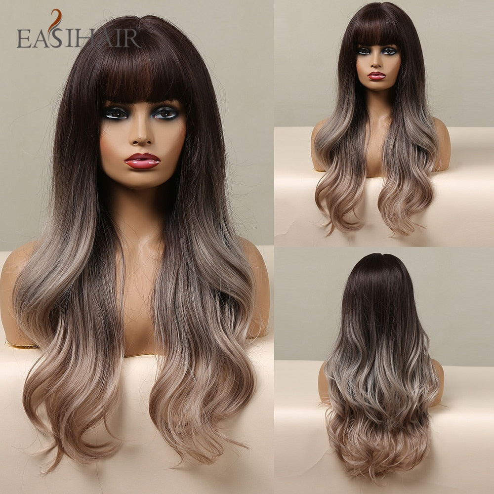 Long natural wavy synthetic wig with brown mixed blonde color, bangs, heat-resistant hair for women’s daily cosplay accessories.