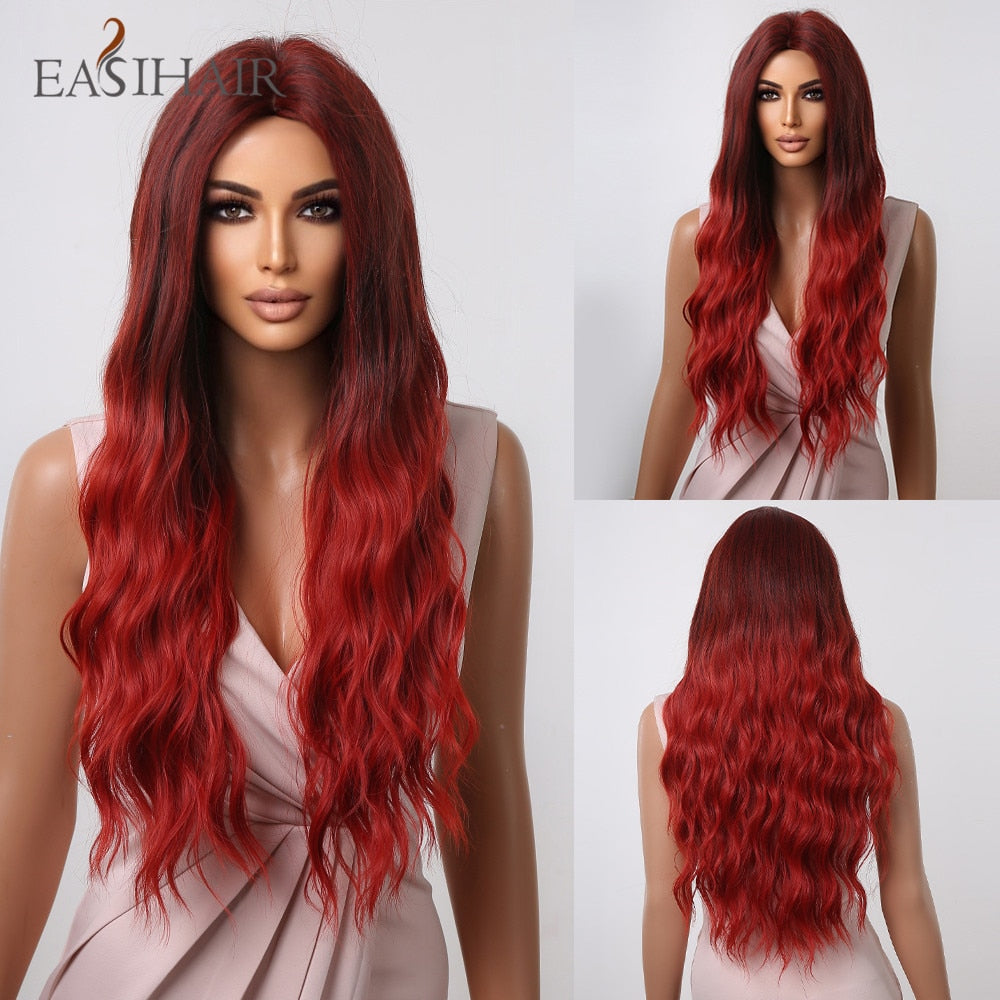 Long, natural wavy synthetic wig in brown and blonde with bangs, heat-resistant for daily wear or cosplay, by The Clothing Company Sydney.