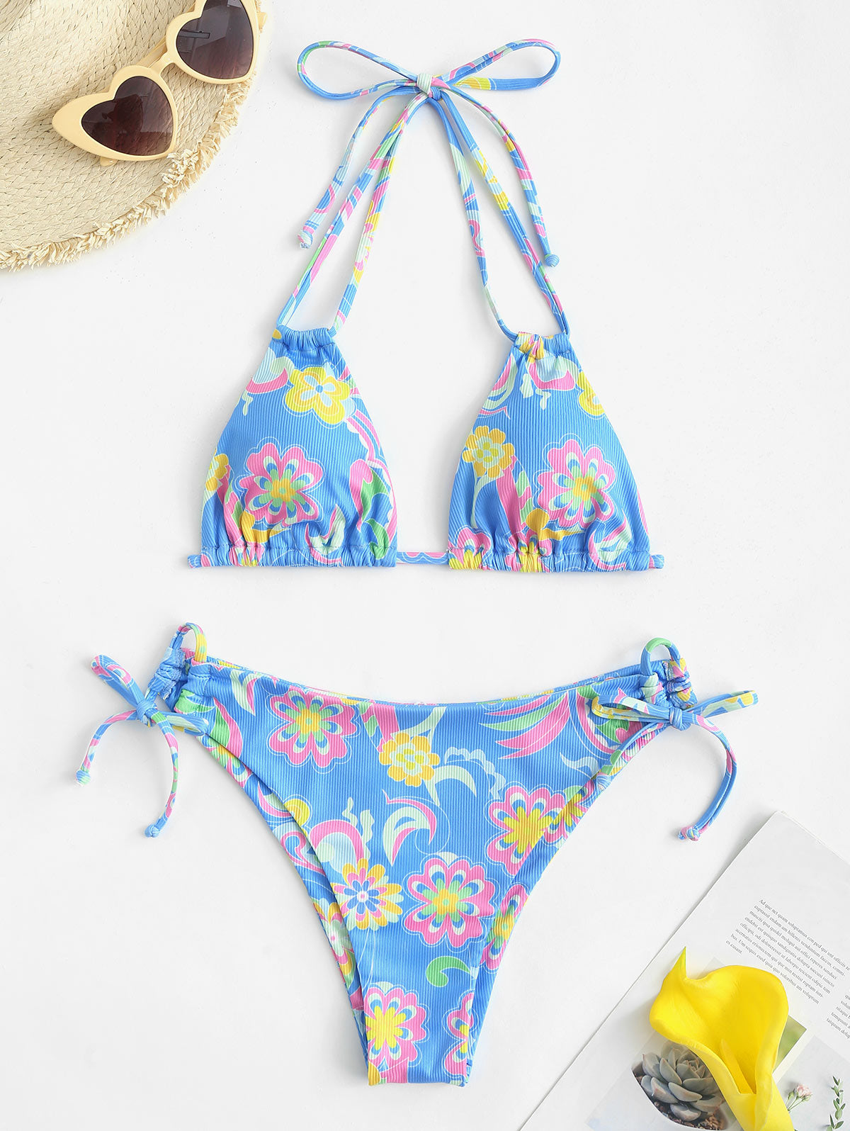 Ribbed flower print tie side bikini set by The Clothing Company Sydney, two-piece low waisted padded swimsuit for swimming and beachwear.
