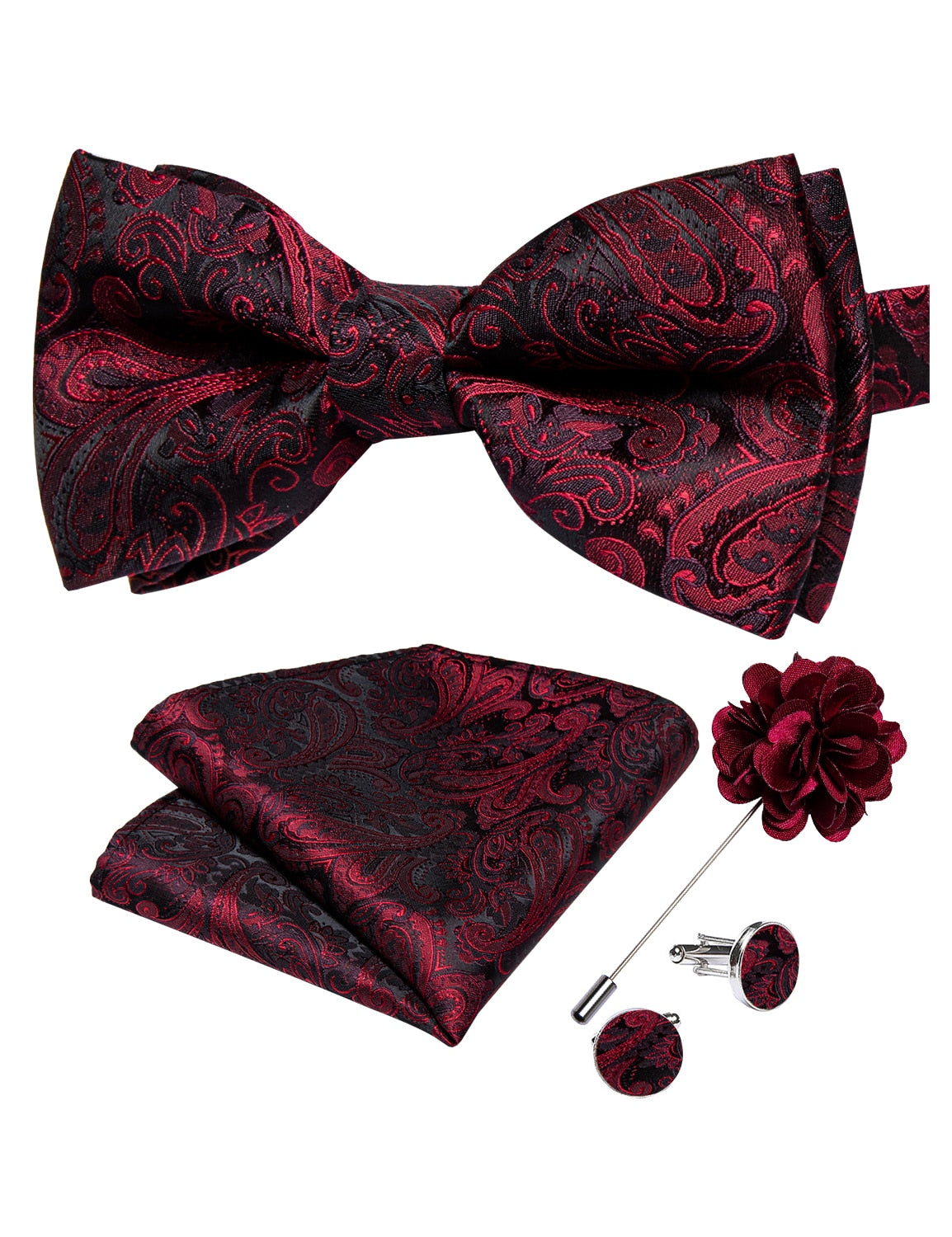 Classic red pre-tied wedding bow tie set for men, includes cufflinks and corsage, made of silk with butterfly knot by The Clothing Company Sydney