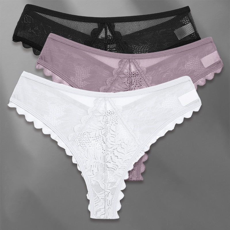 Three pack of lace G-string panties from The Clothing Company Sydney, soft lingerie thongs with feminine, delicate lace details.