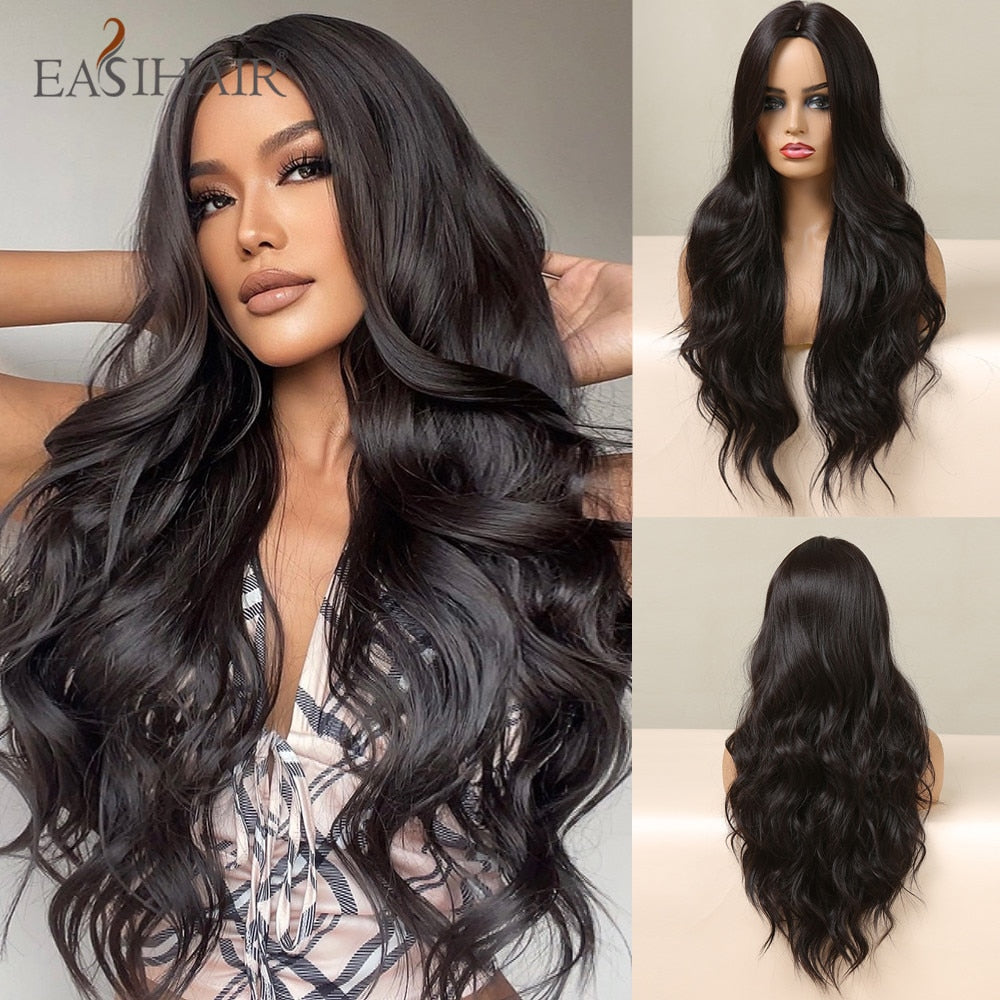 Long wavy synthetic wig with ombre brown, gray, and ash tones, middle part, suitable for daily wear and cosplay by The Clothing Company Sydney.