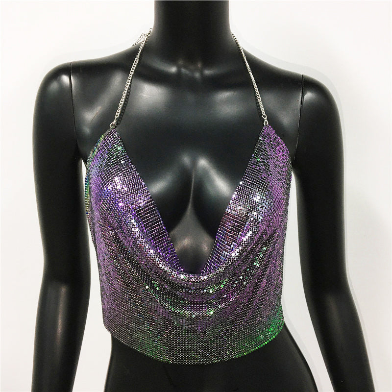 Gold and silver metallic sequined backless tank top with cropped fit, perfect for summer beach club or showwear by The Clothing Company Sydney