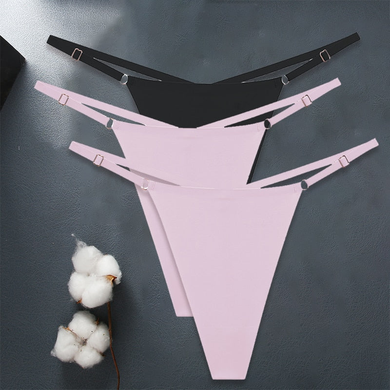 Three seamless women's G-string panties from The Clothing Company Sydney, adjustable strap ice silk lingerie set on a white background.