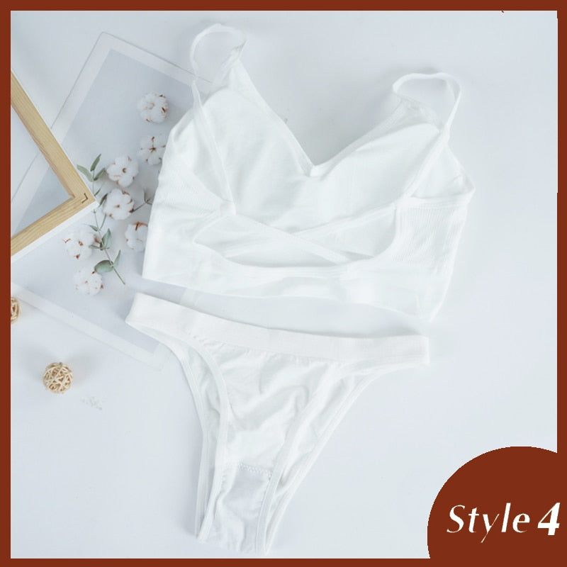 Seamless ribbed bra and panty set from The Clothing Company Sydney, wire-free bralette lingerie with matching underwear.