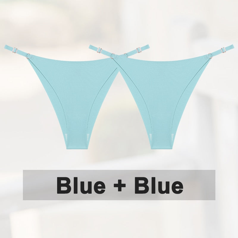 Two-pack of seamless silky G-string thongs from The Clothing Company Sydney, low-rise lingerie with adjustable waistband and hipster style.